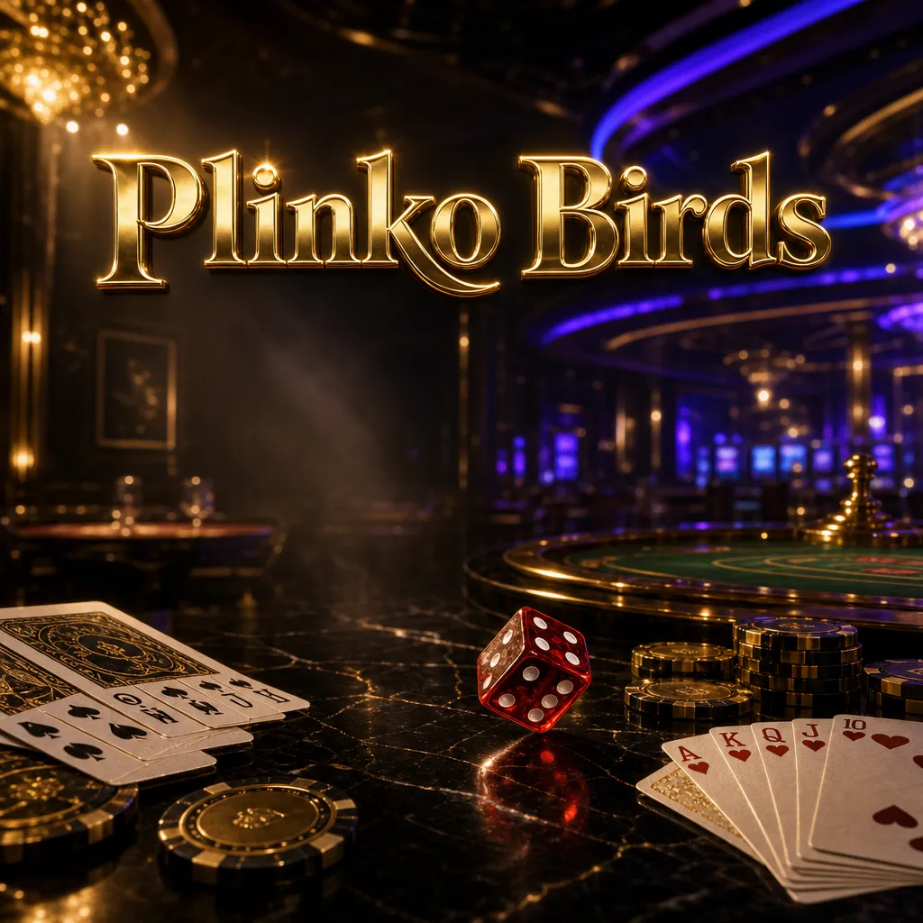 Luxurious dark casino floor with gold chips, playing cards, and ruby dice under cinematic golden and blue lighting for Plinko